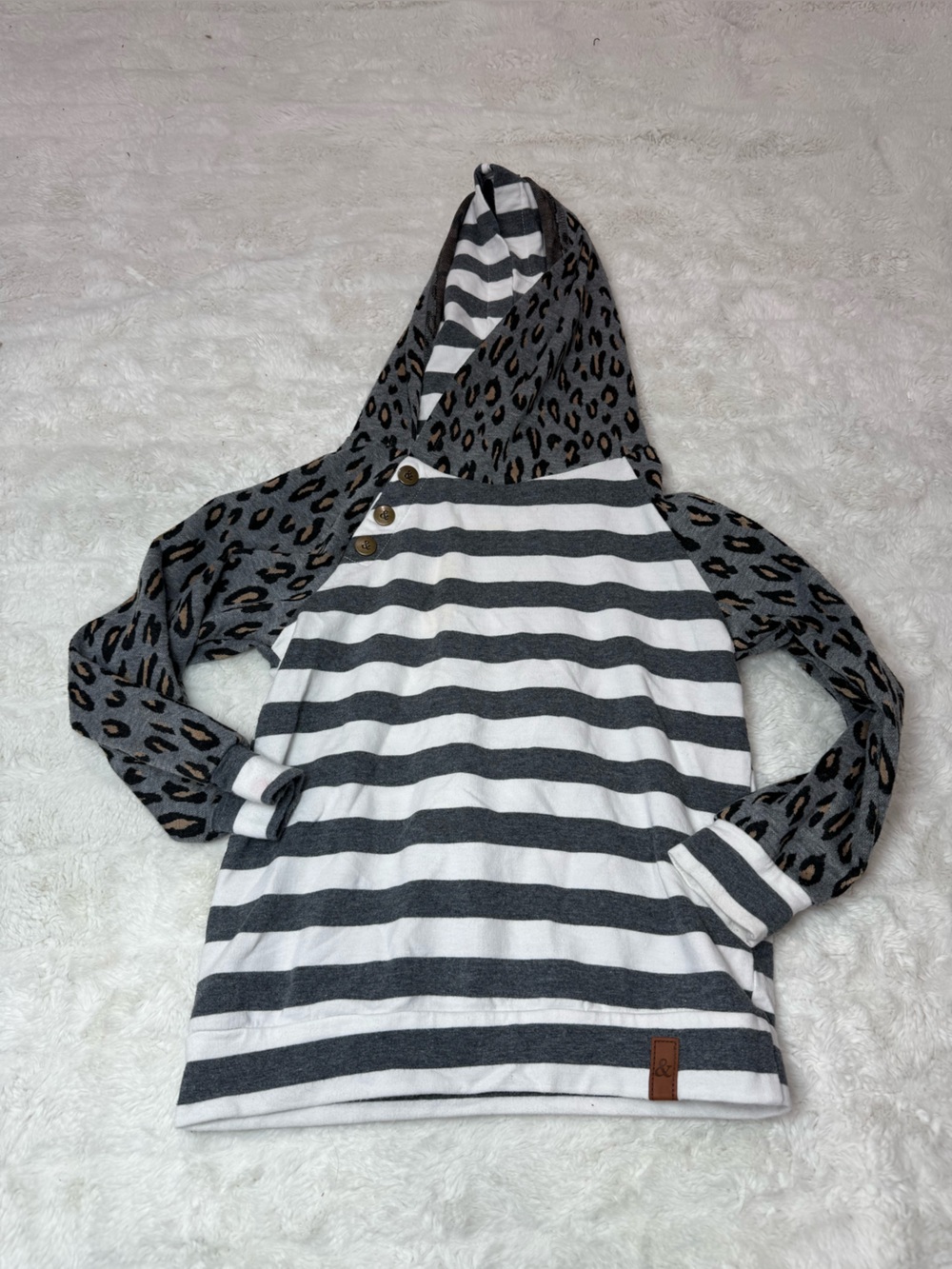Kids Hooded Striped Pullover with Leopard Raglan Sleeves - Gray/White